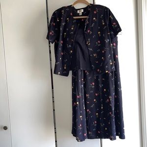 Talbots navy floral cotton skirt and jacket set
